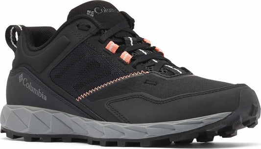 Black hiking shoe with gray sole, coral accents, and a loop at the heel.