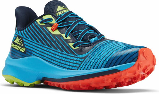 Blue running shoe with orange sole and visible montrail brand on the side.