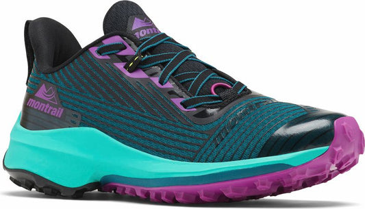 Side view of a trail shoe with a black and teal striped upper, purple accents, a teal midsole, and a purple lugged outsole.