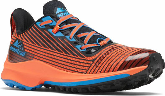 Orange and black running shoe with blue accents and 'montrail' logo on tongue and side.