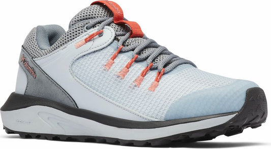 Athletic shoe with gray laces, blue mesh upper and gray trim.