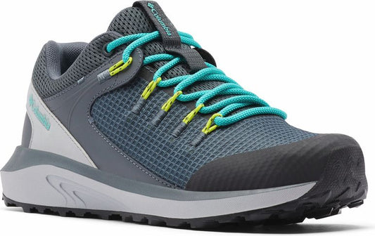 A gray and blue hiking shoe with turquoise laces and chartreuse eyelets.