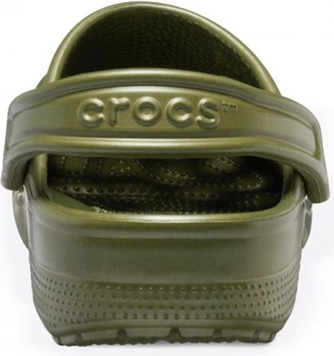 Olive-green clog with 'crocs' embossed on the heel.