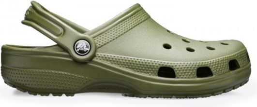 Olive green Croc-style clog with heel strap and perforated toe.