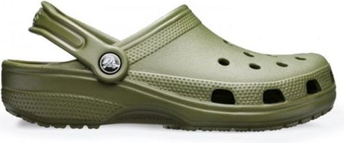 Olive green Croc-style clog with heel strap and perforated toe.