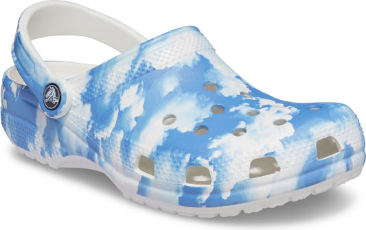 Blue and white marbled clog with white strap and holes.