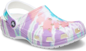 Tie-dye patterned clog with white heel strap and white sole.