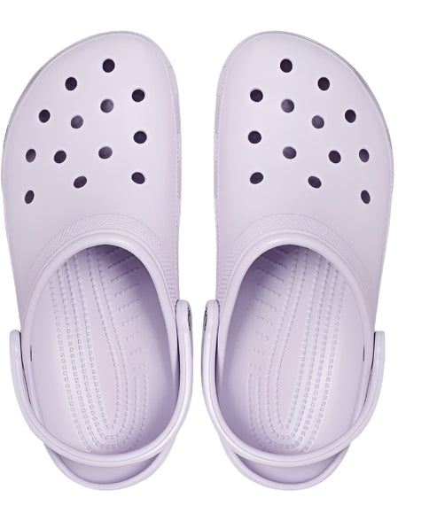 Pair of lavender clog shoes with holes
