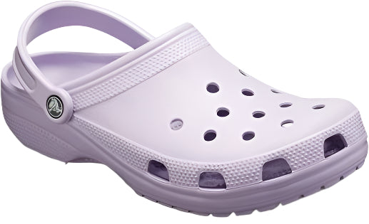 Lilac clog shoe with heel strap and holes on the top.