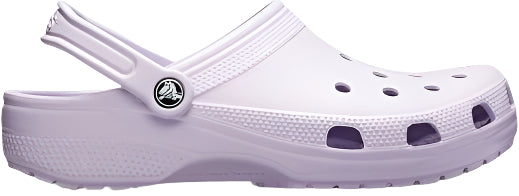 Side view of a lavender Croc shoe.