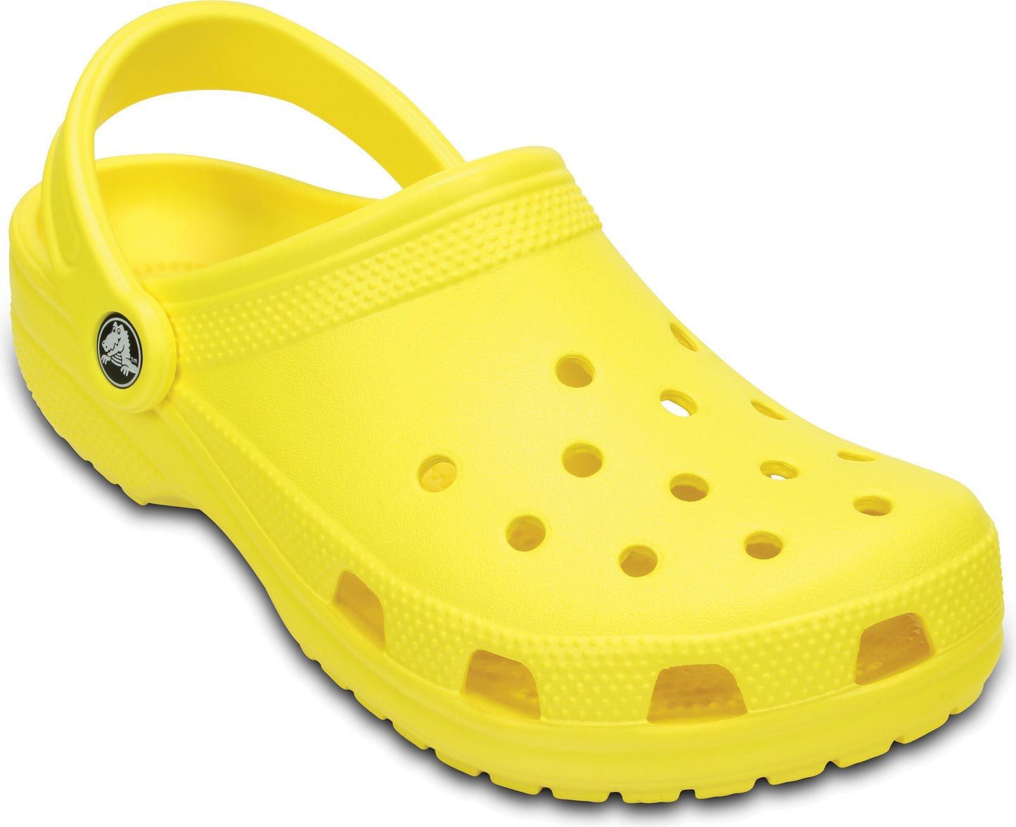 Yellow rubber clog shoe with heel strap and ventilation holes.