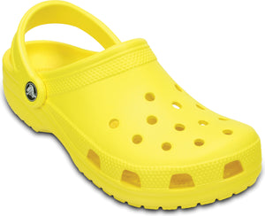Yellow rubber clog shoe with heel strap and ventilation holes.
