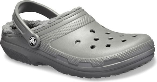 Gray clog with holes and a faux fur lining.