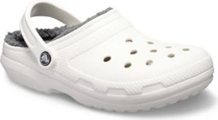 White clog shoe with gray fuzzy lining and heel strap.