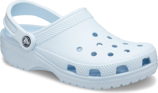 Light blue rubber clog with holes in the upper and a pivoting heel strap.