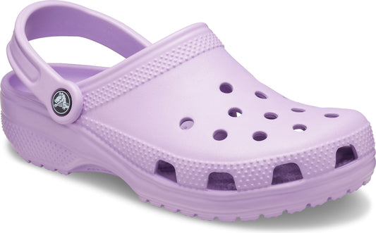 Lavender clog with heel strap and ventilation holes.