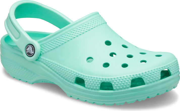 Mint green clog with ventilation holes and a pivoting heel strap.