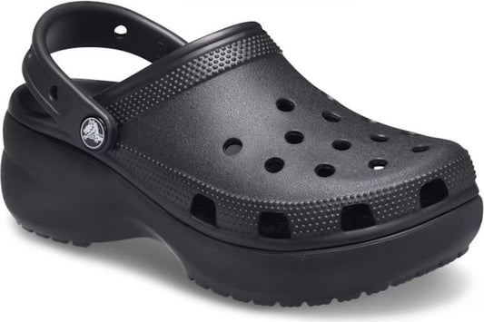 Black platform clog with holes and a pivoting heel strap.