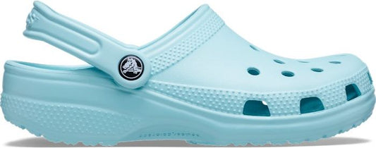 Light blue Crocs clog with holes and pivoting heel strap.