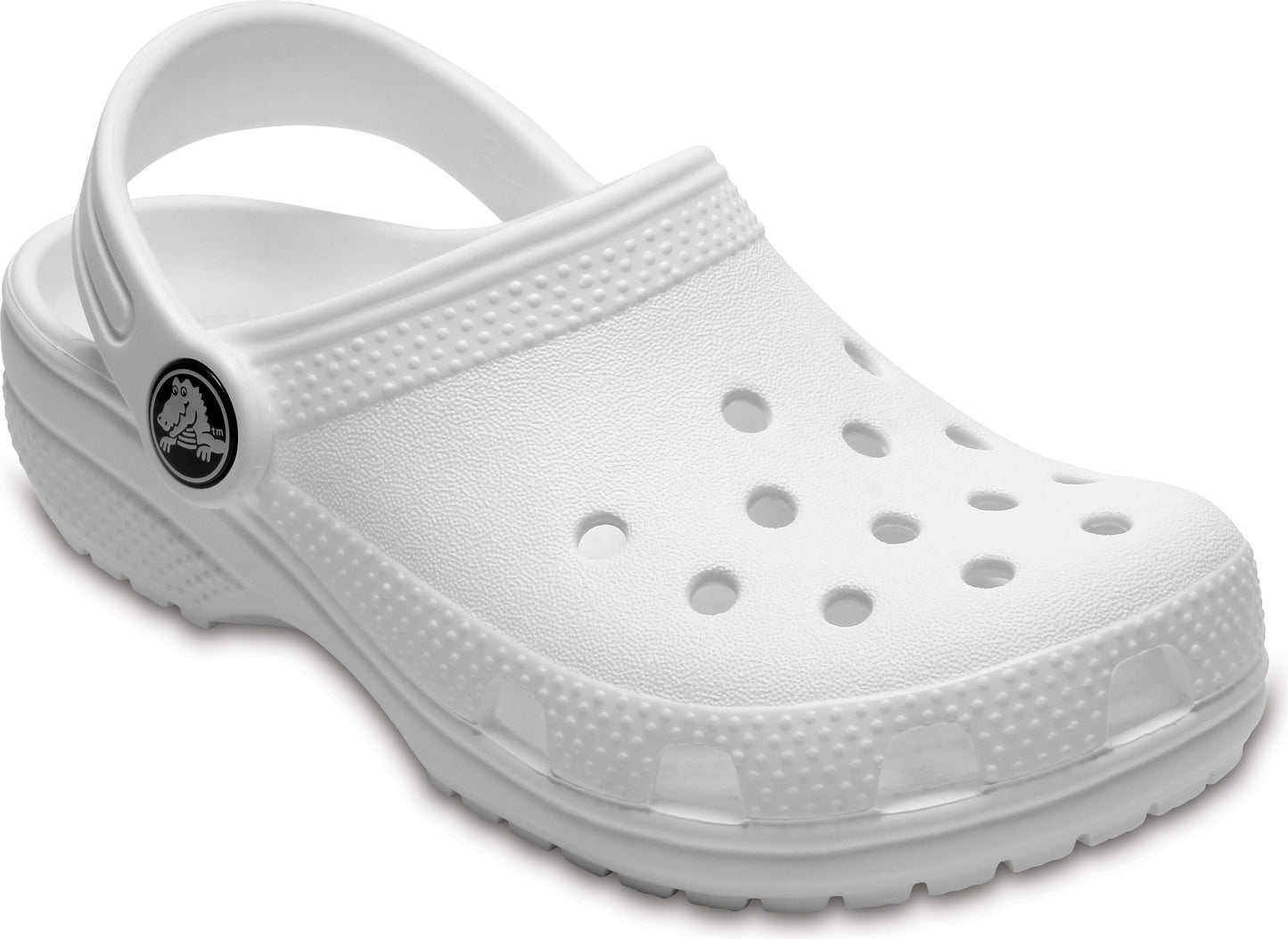 White clog shoe with a pivoting heel strap and circular ventilation holes.