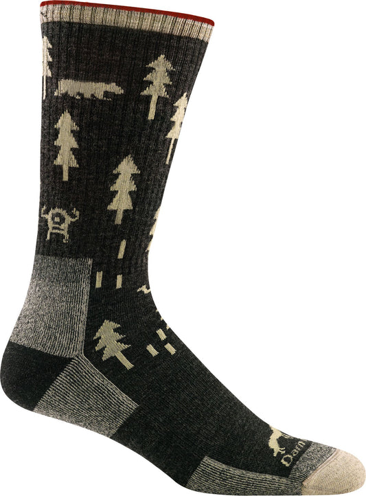 Charcoal hiking sock with trees, bear, and elk design.
