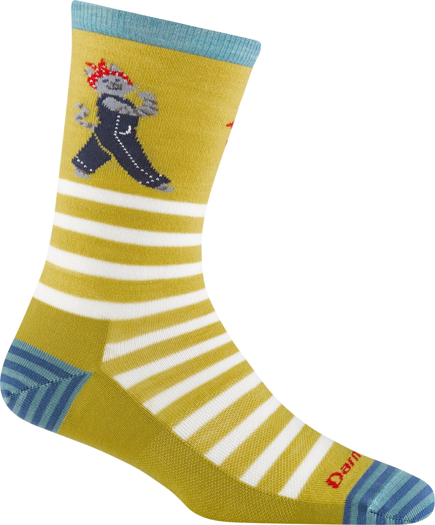 Yellow and white striped sock with illustration of a cat wearing a red bandana and overalls.