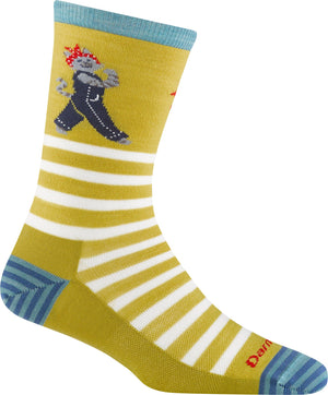 Yellow and white striped sock with illustration of a cat wearing a red bandana and overalls.