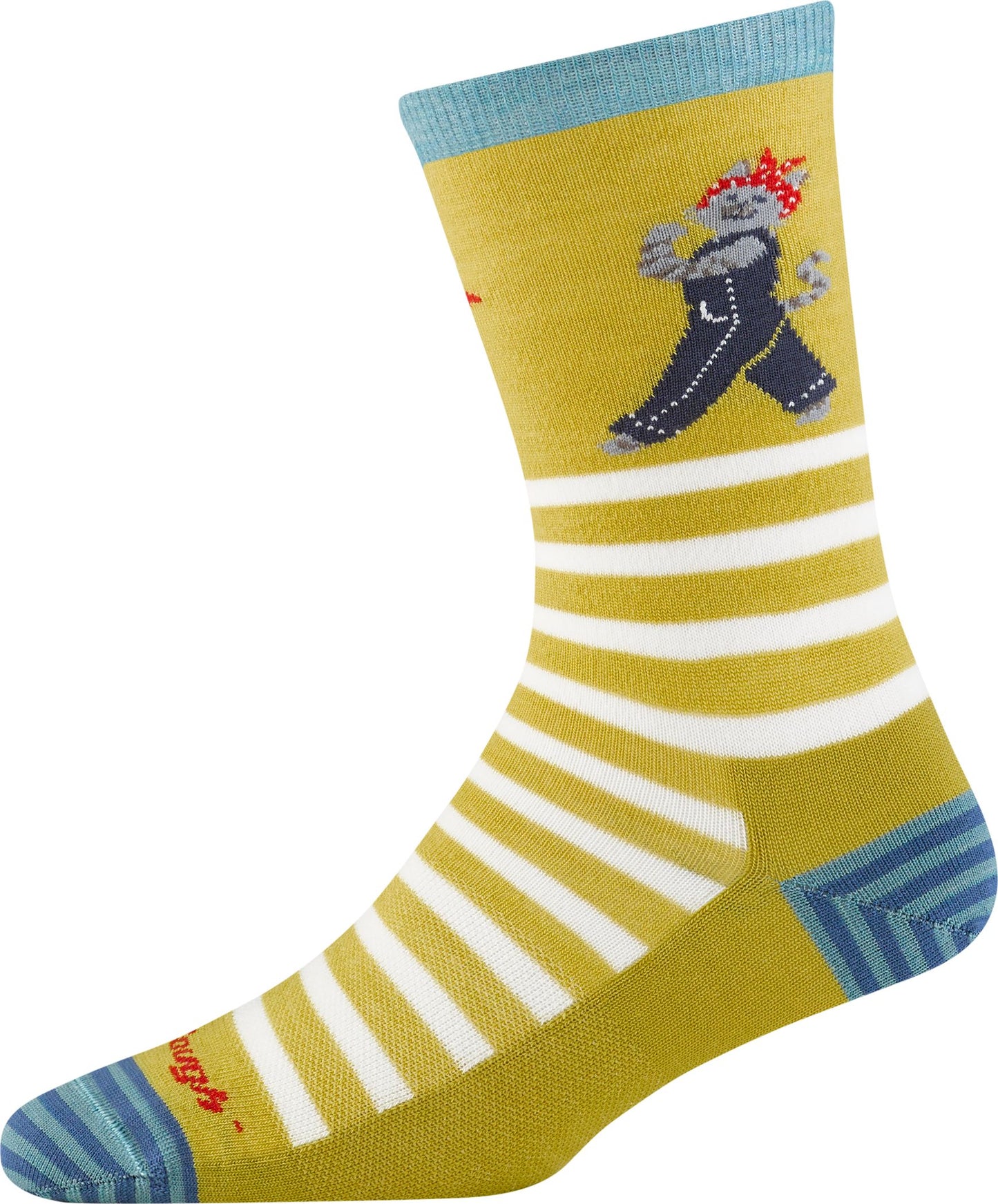 A crew sock with mustard yellow background and white stripes. A cat wearing a bandana and overalls is featured.