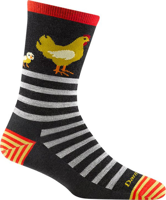 One sock is black with horizontal gray stripes, red heel and cuff. A hen and chick are near the top of the sock.