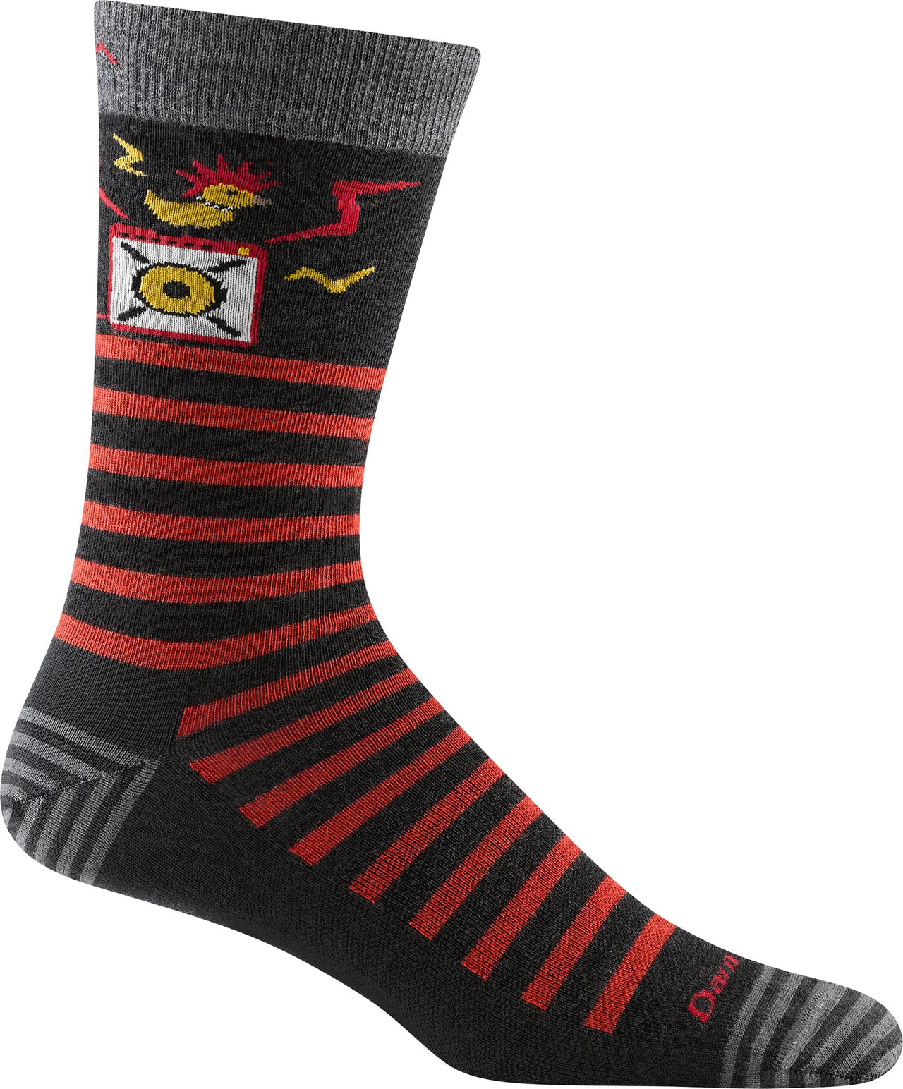 A sock with a gray top, a red and black striped mid-section, and a logo with a golden chicken.