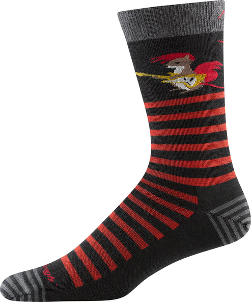 Crew sock with red horizontal stripes, dark gray toe and top band, and flying bird design.