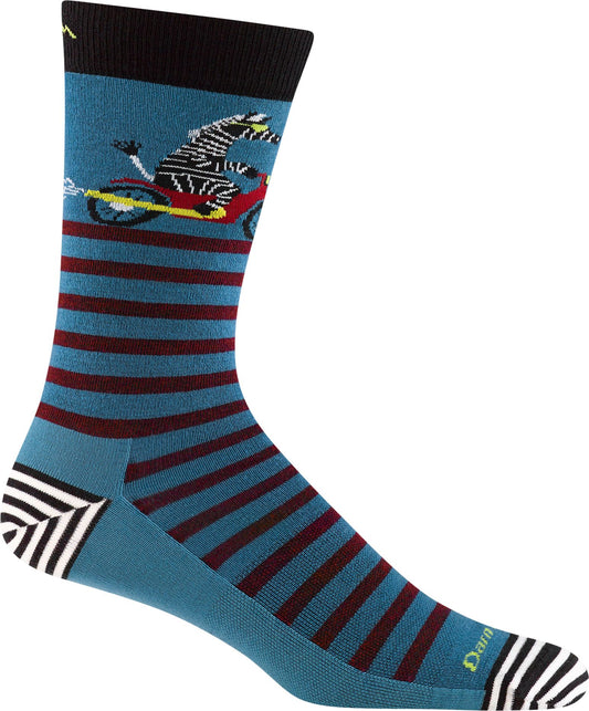 Blue sock with a black top, burgundy stripes, and a zebra riding a motorcycle.