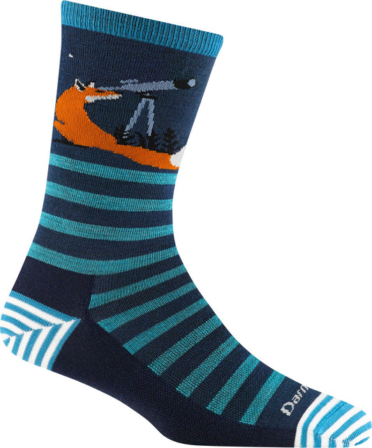 Crew-cut socks with a navy blue background and teal-colored horizontal stripes. Near the top is a fox with an orange body, lying on its side looking through a telescope. The heel and toe are navy blue with alternating white and teal diagonal stripes.