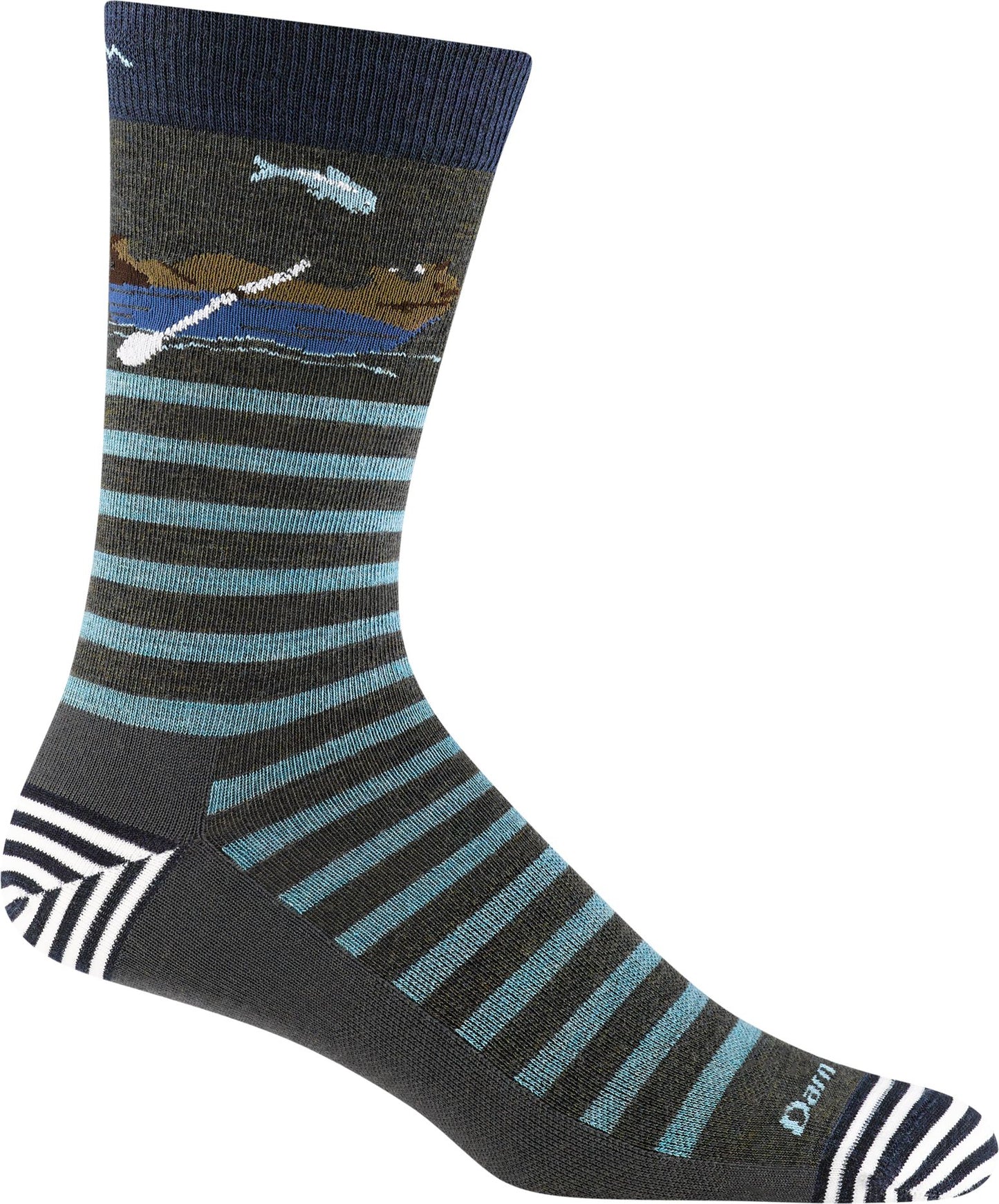 Crew sock with stripes and a river boat graphic.