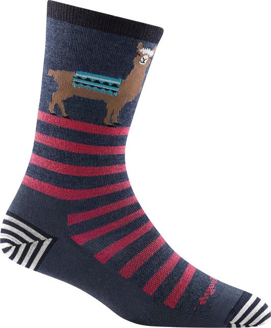 Sock in navy with pink horizontal stripes and a brown llama wearing a turquoise saddle blanket.