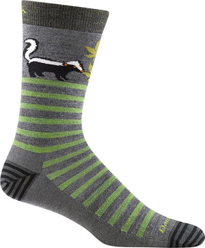 Gray sock with green horizontal stripes, a skunk image, and dark gray cuff, heel, and toe.