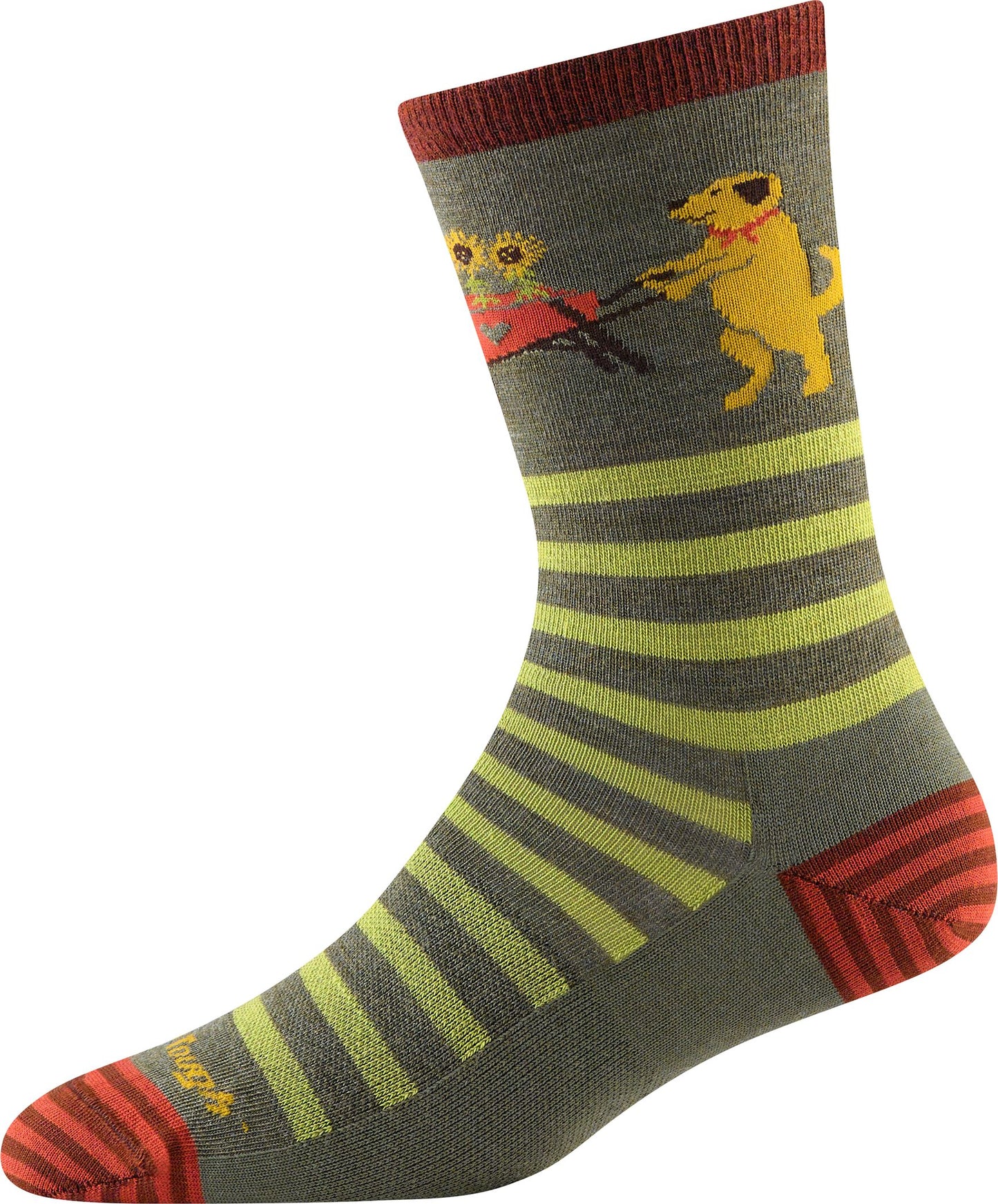 Gray sock with yellow-green stripes featuring a dog and a cat wearing red outfits.