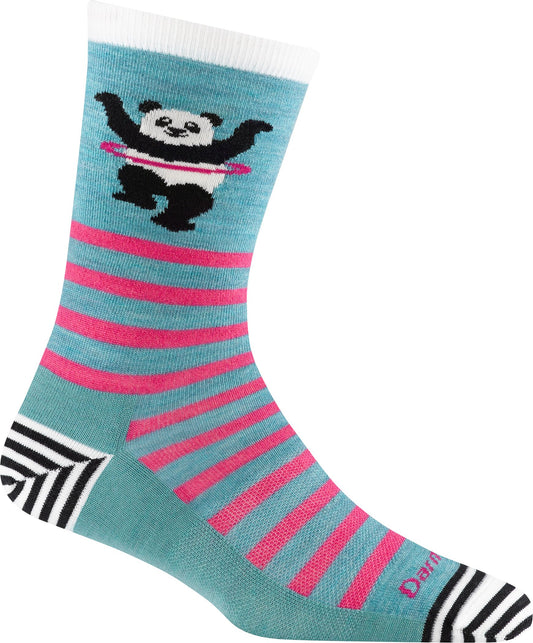 A turquoise sock with pink stripes and a panda doing a hula hoop.