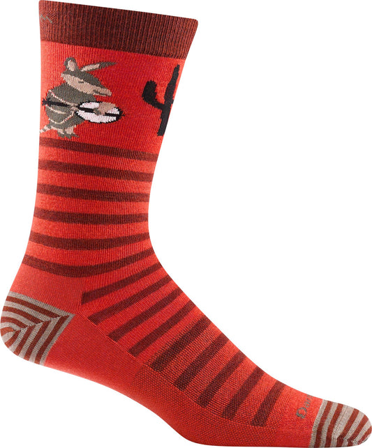 Red sock with brown stripes, a cactus, and a raccoon playing a guitar.