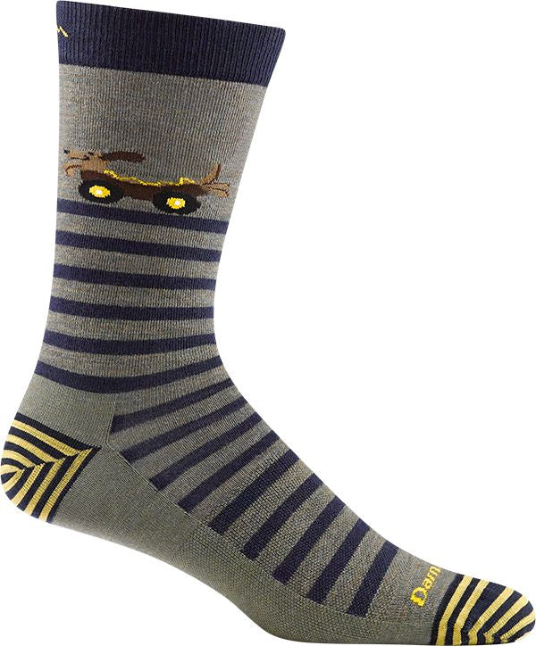 Striped olive socks with a drawing of a dog in a car.