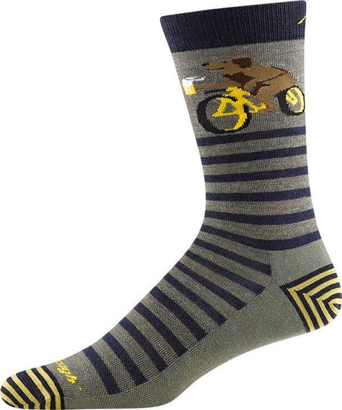 Sock featuring a bear riding a bicycle with a beer, on a horizontally striped sock.