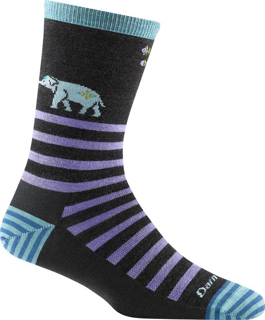 One black sock with blue at the toe and top with horizontal purple stripes, with a white elephant and flowers on the leg.