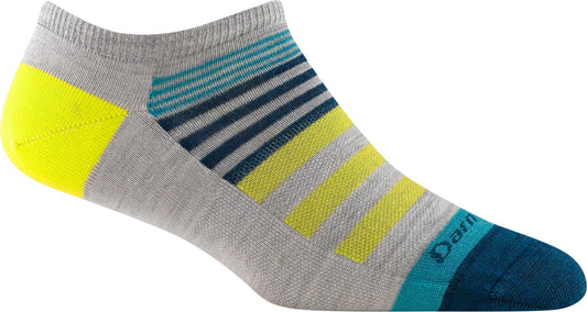 Gray sock with blue, yellow and green stripes and accents.