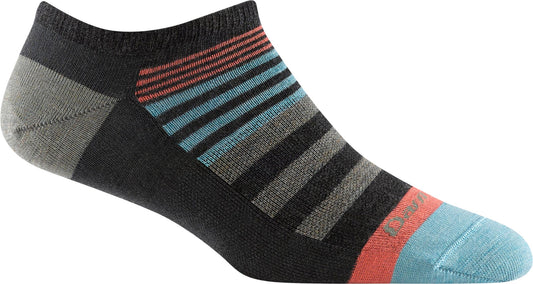Ankle sock, dark gray with horizontal stripes of gray, coral and turquoise.
