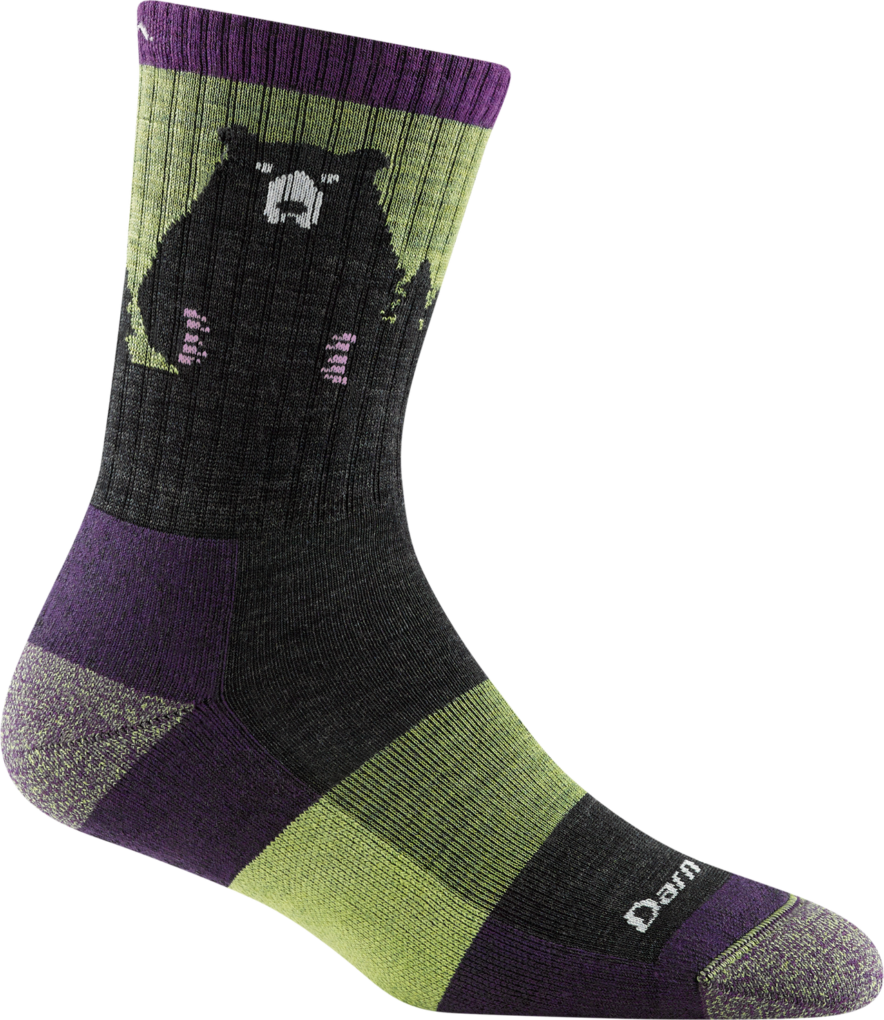 Purple, green, and gray sock featuring a black bear graphic.