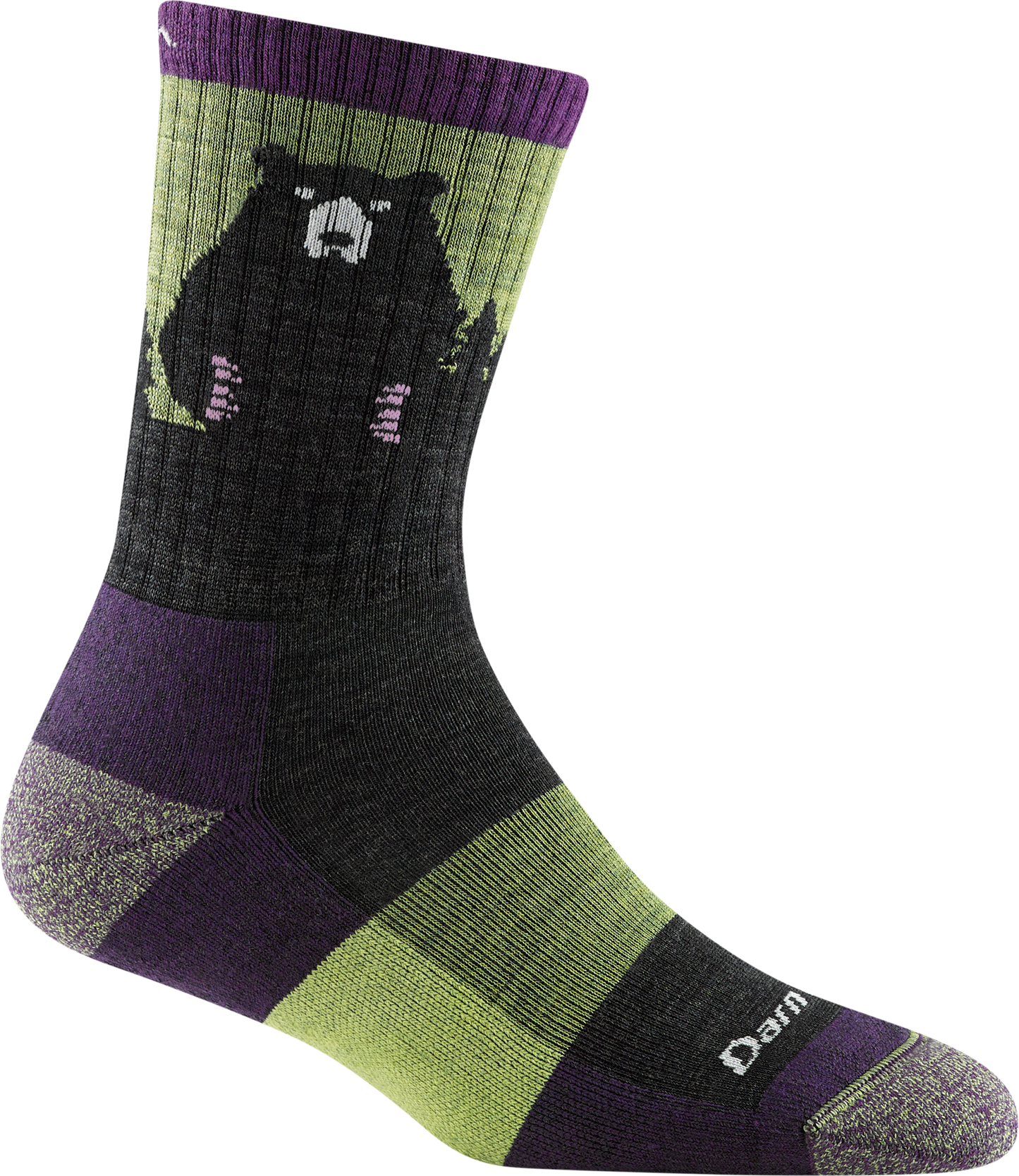 Purple, green, and gray sock featuring a black bear graphic.