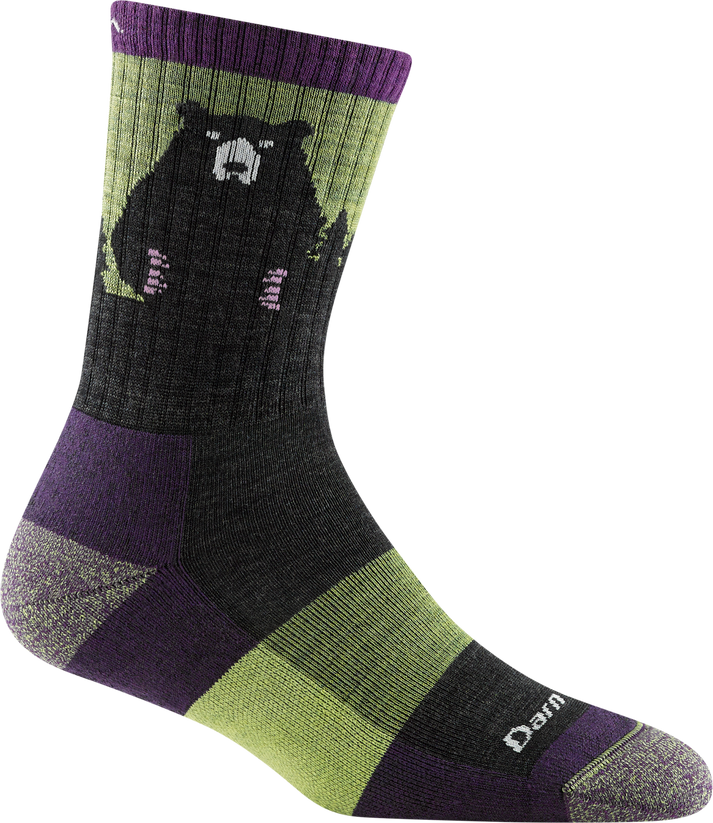 Purple, green, and gray sock featuring a black bear graphic.