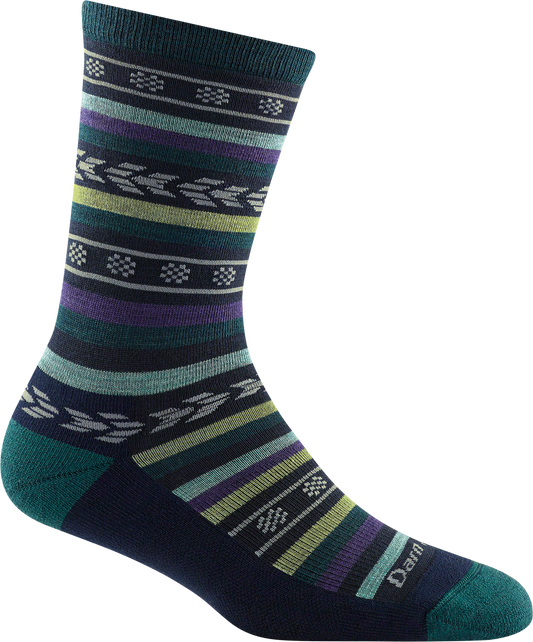Crew sock with horizontal stripes in blue, purple, green, white, and lime.
