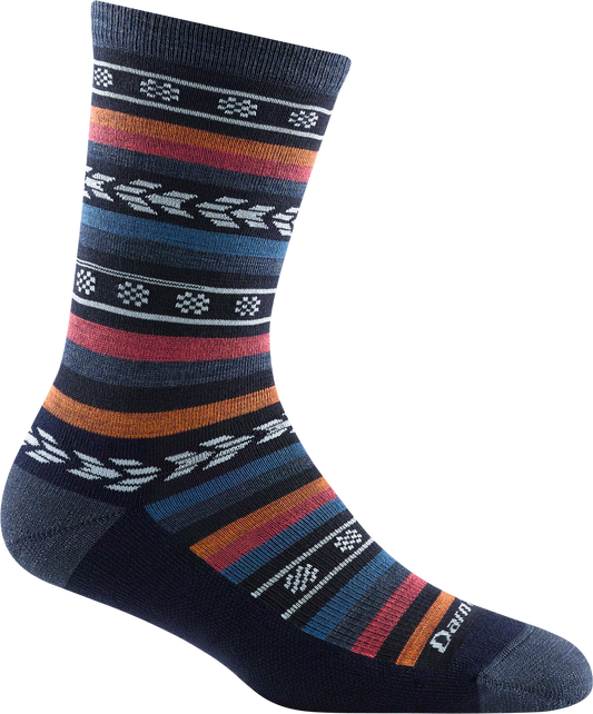 One sock has horizontal stripes in shades of gray, orange, red, and blue, with white geometric patterns.