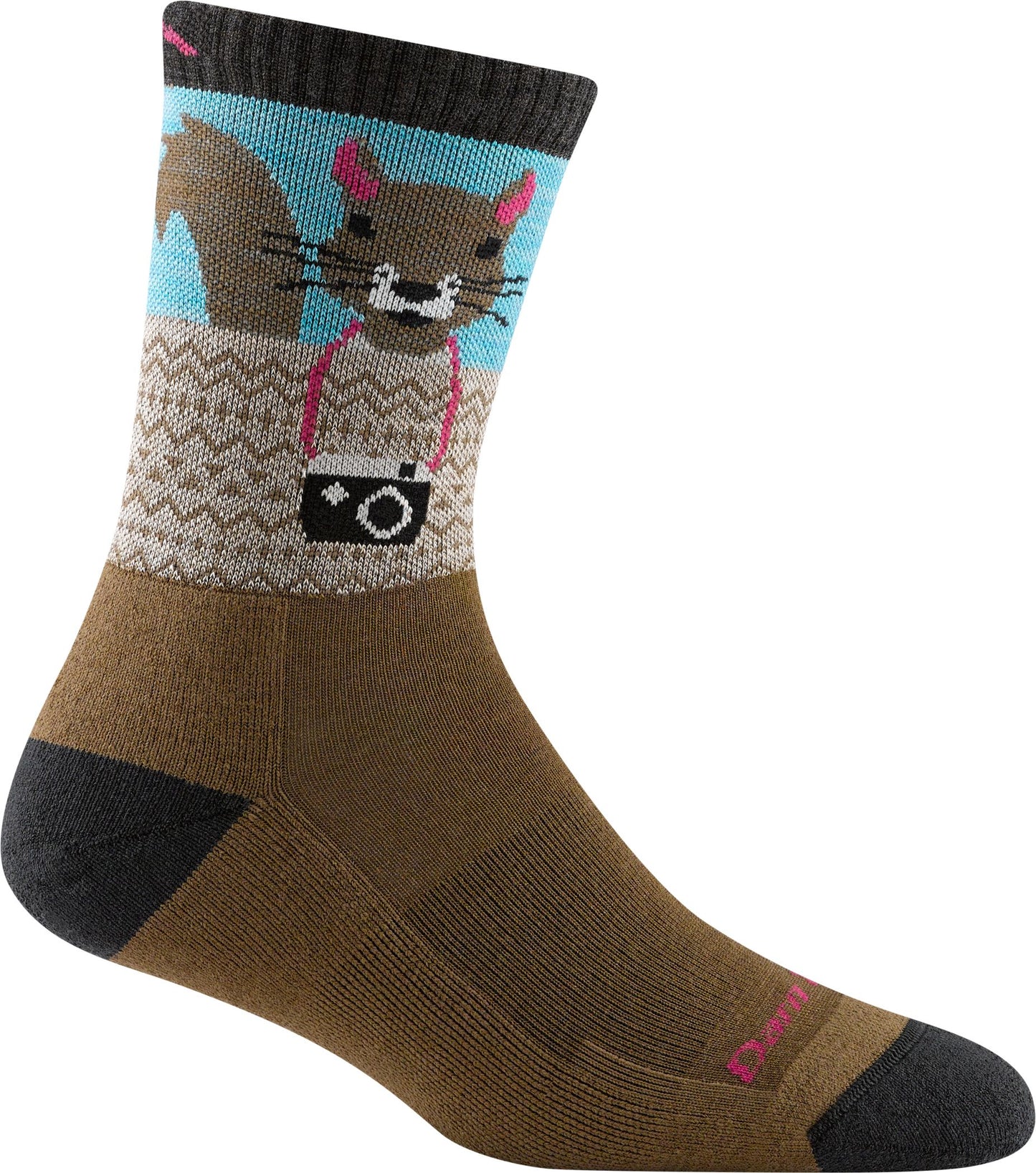 Brown sock with a squirrel wearing a pink strap, and pink detail at the top and bottom.